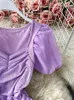 Casual Dresses Purple/Brown/Hite Sexig Mesh Tight Dress Women's Elegant Square Neck Kort ärm PLICED TANK TOP Women's Summer 230410