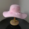 Baretten 2023Modieuze Winter Fedora Dameshoed Vintage Bowler Dezelfde Kleur Veer Vilt Brede Rand Zacht Bont Zon Strand Kasjmier Churc