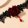 Gargantilha requintado na moda laço preto vintage colar ornamento rosa puro artesanal colar corrente