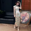 Vêtements ethniques Robes chinoises Cheongsam Classique Beige Peking Opera Fans Robe longue Sexy Split Tang Costume Lady Banquet Qipao