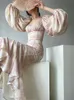 Zweiteiliger Kleid Sommer Vintage Floral Print Rock Set Frauen eleganter Retro -Anzug weiblicher koreanischer Stil Spuare Kragen losen 2023 230410