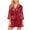 Women's Sleepwear Sexy Nightgown Lingerie Fashion Lace Patchwork Nightdress Women Silk Kimono Belt Bath Robe Nightwear Chemises