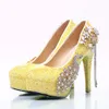 Dress Shoes Lemon Yellow Rhinestone Wedding Party Handmade Bridal Girl Birthday High Heels Prom Pumps Plus Size