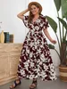 Plus size jurken bloemenprint bochtige maxi -jurk voor mollige vrouwen vintage elegante slanke fit kleding v nek groot formaat casual lang 2023 230410