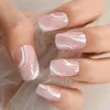 False Nails Short Square Fingernails With Lines Designed Press On Fake Nail Tip Uv Gel Manicure Glossy Salons At Home Full Cover