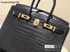 Designer Bags Handbags Fully Handmade Fog Faced Crocodile Leather Bag 30cm Womens Large Handbag with Goat Skin Gold Buckle