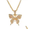 Otros collares pendientes Declaración Collar de mariposa Hip Hop Iced Out Cadena de diamantes de imitación para mujeres Bling Tennis Crystal Animal Ch Dhgarden Dhpkd
