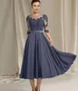2024 Gray A-Line Mother of the Bride Dress Elegant Jewel Tea Length Lace Appliques Chiffon Half Sleeve Guest Party Gowns Robe De Soiree