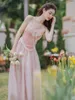 Casual Dresses 2023 Summer French Elegant Vintage Strap Dress Fairy Party Princess Solid Lace Midi Cardigan Women 2 Piece Set