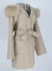 Women's Fur Faux OFTBUY Oversize Loose Cashmere Wool Blends Real Coat Winter Jacket Women Natural Collar Hood Outerwear Belt 231109