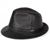 Bérets en cuir britannique Fedora chapeau haut de forme hommes automne hiver rétro Jazz Gentleman casquette formelle marron haute qualité Sombrero Hombre Cowboy