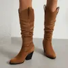 Boots Chunky Heel Western Boots Pleated Cowboy High Boots Pointy Retro Female Botas Mujer Slip On Ladies Casual Autumn Winter Shoes 231109