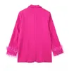 Damenanzüge Tesco Fashion Damen Blazer Fuchsia Eleganter Herbstmantel Schal Revers Federn Vintage Jacke Lebendige weibliche Kleidung für den Urlaub