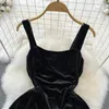 Vestidos informales Vestido negro para mujer 2023 Estilo francés Vintage Temperamento elegante Una línea Correa de espagueti Otoño Invierno Tobillo-Longitud Terciopelo