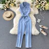 Hong Kong Style Women's Jumpsuit Korean version Retro Breasted spetsar upp midjan upp bantande rakt benbrett ben denim jumpsuit