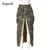 Saias Stigende Mulheres Sexy High Split Camo Couro Exército Verde Lágrima Irregular Couro Split Color Bolso Botão Longo Vestido