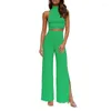 Casual Dresses Womens 2 Piece Outfits Mock Neck Sleeveless High Waist Crop Top And Wide Leg Pants Set Ribbed Knit Jumpsuits