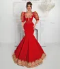 Röd lång sjöjungfru Evening Formal Dress for Women Gold Applique Brodery Albanska Mashallah Caftan Prom Celebrity Clows