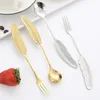 Stainless Steel Dessert Spoon Fork Set Feather-shaped Spoon Fork Coffee Stirring Spoon Tableware Festival Gift