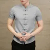 Chemises décontractées pour hommes Chemise d'été pour hommes Col montant Manches courtes Boutons de noeud de couleur unie Port quotidien Vêtements traditionnels chinois Style vintage