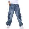 Jeans masculinos de jeans de tamanho grande Logo calças de jeans masculinas Roupas de rua casuais de pocket hip-hop Brand Blue Wide perna trem 230410
