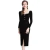 Hepburn style noir robe ajustée femmes designer manches évasées à volants col montant mince enveloppe hanche fendue robes de soirée robe de bal 2023 printemps automne vacances midi robes