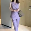 Vestidos de trabalho perfumado taro roxo sem mangas colete terno local de trabalho feminino commuter fino ajuste pequeno pé calças conjunto