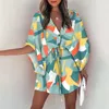 Robes Décontractées À La Mode Manches Chauve-Souris Imprimé Dentelle Femmes Mini Robe Sexy Col En V Décontracté Lâche Bohème Vacances Jupe Été 230410