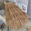 Gonne Autunno Inverno Dolce Torta a strati Maglia lunga Principessa Vita alta Increspato Vintage a strati Tulle pieghettato Interno