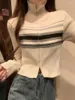 Женский трикотажный винтажный вязаный кардиган в консервативном стиле в полоску с отложным воротником и длинными рукавами, облегающие свитера E-girls Y2k, повседневный укороченный топ в стиле панк