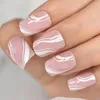False Nails Short Square Fingernails With Lines Designed Press On Fake Nail Tip Uv Gel Manicure Glossy Salons At Home Full Cover