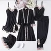 Women's Sleepwear Women Black Lace Kimono Robe Sets Sexy Nightgown Bride Dressing Gown Rayon Pyjamas Suit Summer M-XXL Casual Home Wear