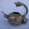 Bottles Collectible Decorated Old Handwork Tibet Silver Carved Dragon Teapot/Flagon 000031