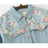 Women's Blouses Shirts Autumn Denim Shirt Plus Size 4XL Women's Loose Top Print Patch Work Jeans Long Sleeve Vintage Shirt Blue AB327 230410