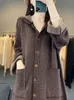 Cappotto da donna in pelliccia di lana con cappuccio di qualità finta, monopetto, lungo in cashmere, giacca autunno-inverno, da donna, allentato, con tasche a righe 231109