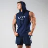 Canotte da uomo Estate senza maniche con cappuccio Palestra Gilet da uomo Sport Bodybuilding Fitness Blu navy Gilet sportivo Basket Moda Slim Casual Top 230410