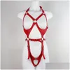 Jarretières Jarretières Y Femmes Rouge Fl Corps Harnais Ceinture Sangle Bondage Lingerie Ensemble En Cuir Punk Gothique Harajuku Bretelles Drop Livraison Appa Dhykz