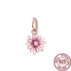 925 Silver Fit Pandora CharmPink Original Pink Daisies and Cherry Blossoms Fashion Charms Set Pendant DIY Fine Beads Jewelry, A Special Gift for Women