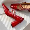 Dress Shoes Genuine Leather Mature Black Red Womens Party Wedding High Heeled Double Buckle Strap Elegant Lady Heels Mary Janes Pumps