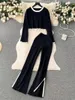 Women's Two Piece Pants Color Patchwork Rib Knitted 2 Set Women O Neck Long Sleeve Crop Tops High Waist Split Flare Casual Streetwear Suits