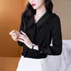 Kadın bluzları Kadınların zarif fırfır uzun kollu saten ipek gömlek ofis bayan iş resmi bluz kadın 2023 Sonbahar