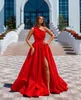 A-lijn Red Long Evening Prom Dresses Vestidos de Festa Satin Women Formal Pageant Party Jurk One Shoulder Fashion Split Graduation Jurk