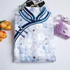 Abbigliamento etnico Oversize 4XL Blu Crisantemo Abiti Qipao Tradizionale cinese Signora Broccato di seta di media lunghezza Novità Cheongsam