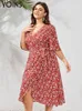 Vestidos de talla grande YOINS Tamaño Bohemio Estampado floral Vestido a media pierna 2023 Verano Mujer Manga corta Vestidos de fiesta Cuello en V Abrigo casual Hendidura Túnica larga 230410