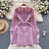 Casual Dresses High-Quality Vintage Women Long Sleeve Ruffles Beaded Mesh Patchwork Woolen Dress Autumn Fashion Runway Tweed Dress Vestidos 2024