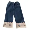 Autumn/winter Fashion Jeans for Girls with Flanged Embroidered Girls' Fleece Pants