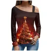 T-shirt da donna T-shirt stampata con albero di Natale Top con spalle scoperte alla moda Autunno inverno Pullover a maniche lunghe da donna Elegante Roupas Feminina