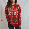 Damenpullover OMSJ Weihnachts-Jacquard-Rot, lockerer Schneeflocken-Druck, gestrickt, langärmelig, O-Ausschnitt, dick, warm, modisch, lässig, Pullover, Tops