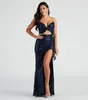 2024 Navy Blue Sequine Women Evening Party Dress Shinny V-neck Straps Cut Out Silt Mermaid Maxi Prom Formal Gowns Abendkleider Robe De Soiree