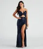 2024 Abito da sera da donna con paillettes blu navy Cinghie con scollo a V scintillanti Cut-Out Sirena di limo Maxi abiti da ballo di fine anno Abendkleider Robe De Soiree